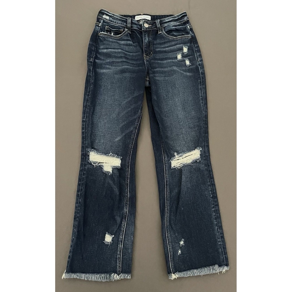 Flying Monkey Distressed Dark Wash Straight Leg Jeans Womens 26 Raw Hem Stretch